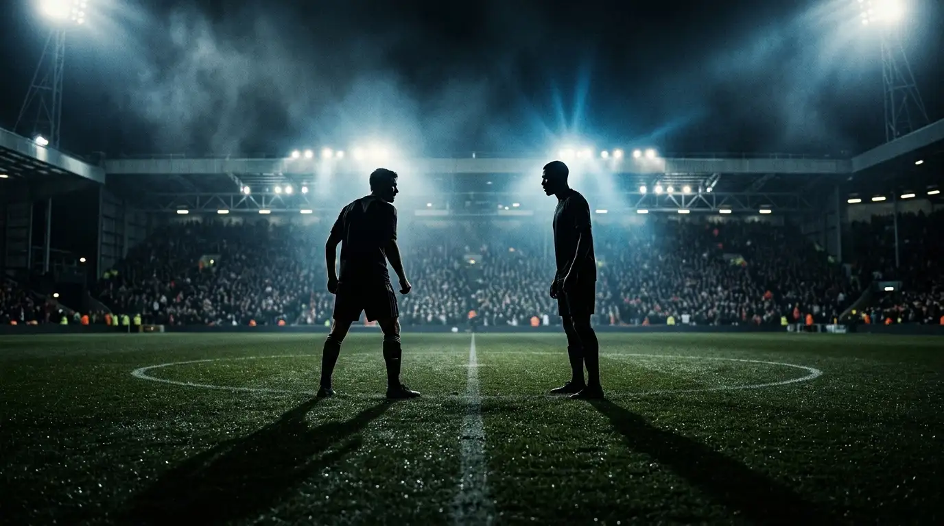 Poster éditorial : une pelouse de stade sous des projecteurs intenses, deux ombres de joueurs se faisant face au centre du rond central, atmosphère de tension dramatique, tons bleu profond et blanc