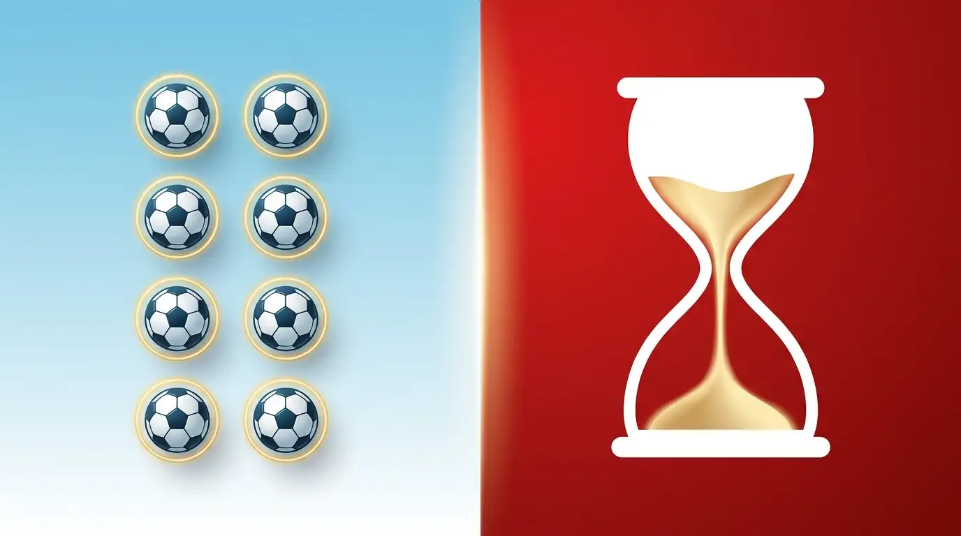 Graphique de comparaison : à gauche huit petites icônes de ballon disposées en grille sur fond bleu ciel-blanc (8 buts de Messi), à droite une grande silhouette de sablier avec croix suisse blanche sur fond rouge (72 ans)