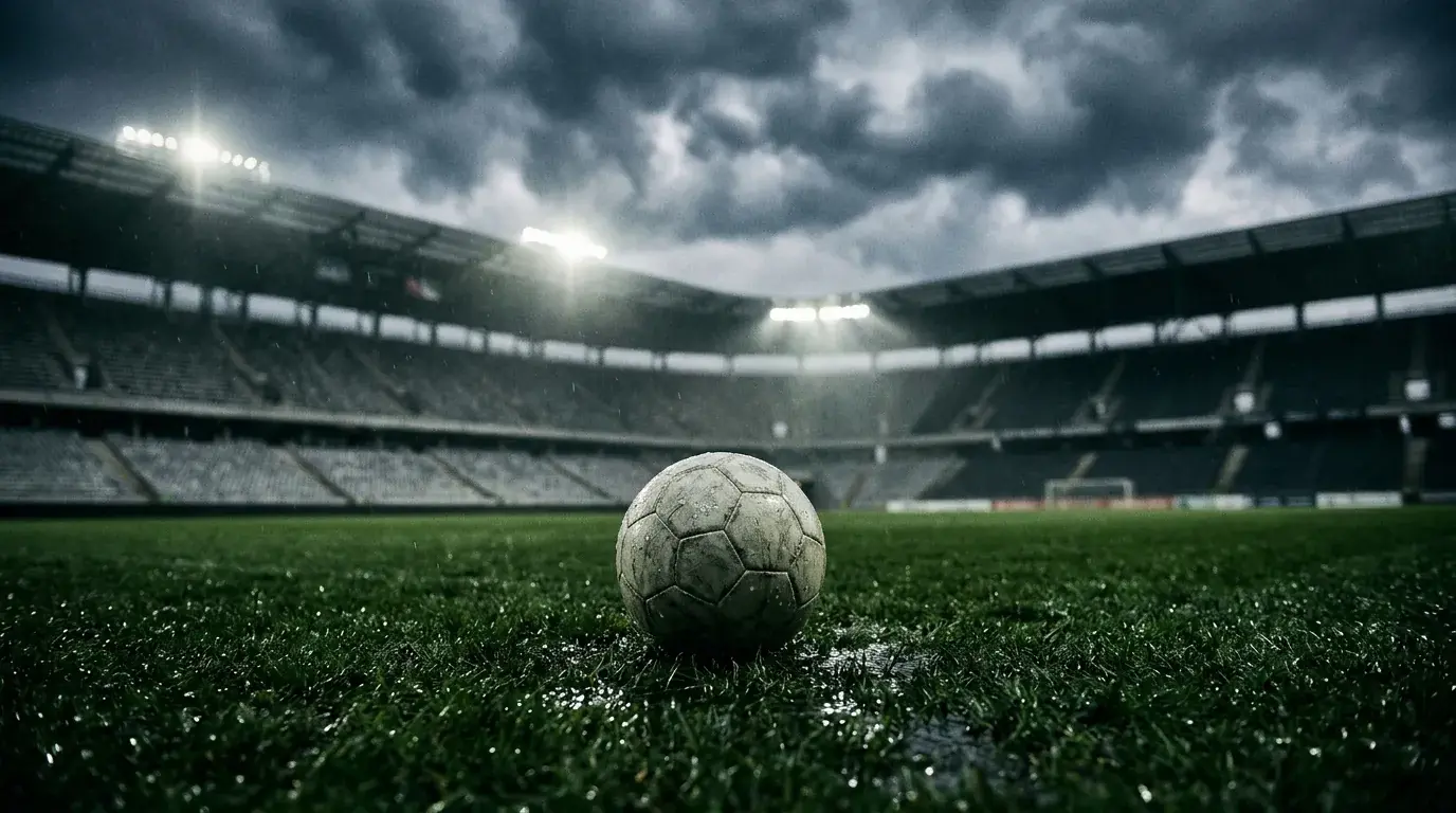 Ballon de soccer sur une pelouse de stade en plein air sous un ciel d'orage menaçant, évoquant le huitième Brésil – Norvège au MetLife Stadium