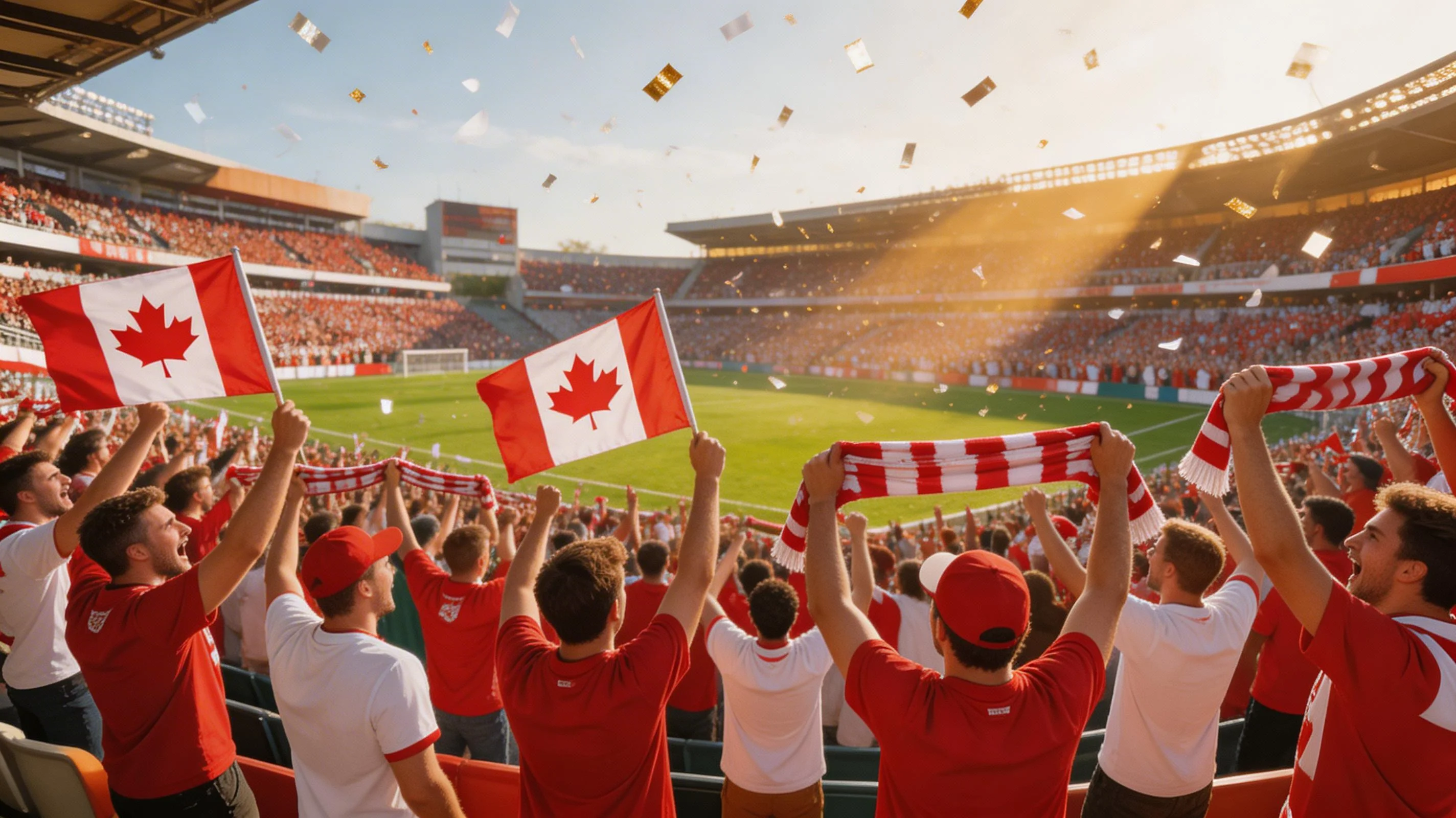 Supporters canadiens en rouge et blanc dans les tribunes d'un stade de football lors d'un match de la sélection nationale