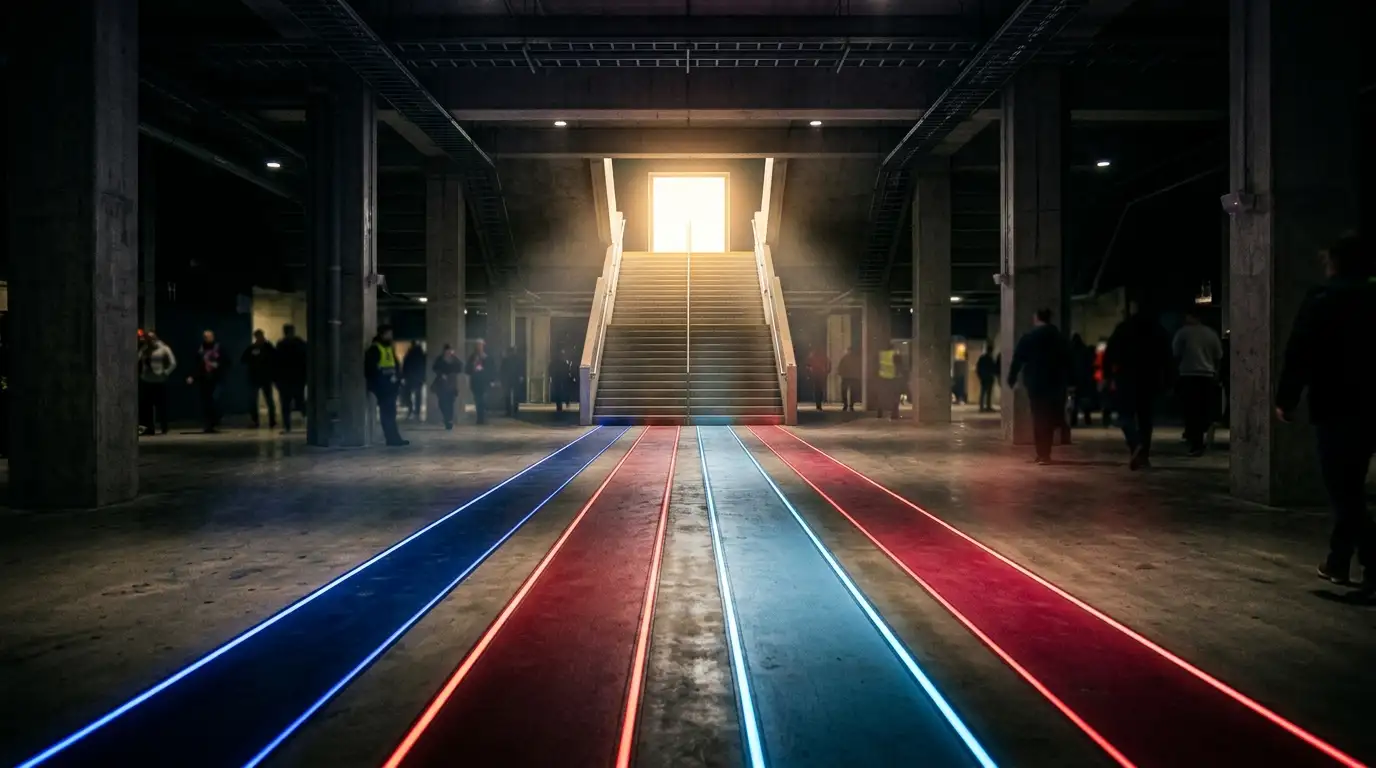Poster éditorial : quatre corridors de lumière de couleurs différentes menant à une même porte lumineuse au sommet, sur fond sombre, symbolisant quatre chemins vers la finale