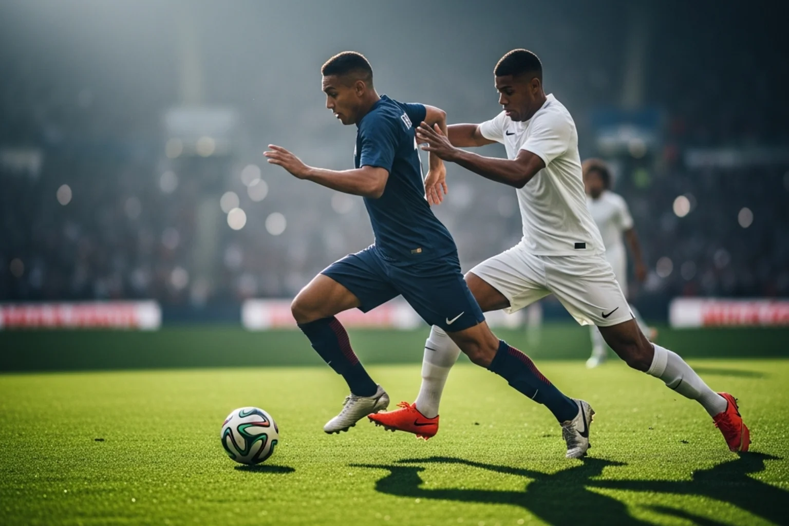 Action de jeu intense entre deux équipes nationales lors d'un match de Coupe du Monde sur pelouse naturelle