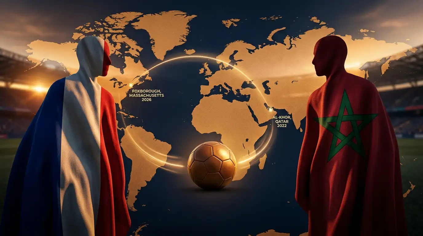 Poster éditorial avec une carte du monde stylisée en tons sépia et bleu marine, avec un arc lumineux reliant la péninsule Arabique (Qatar 2022) à la Nouvelle-Angleterre (Foxborough 2026)