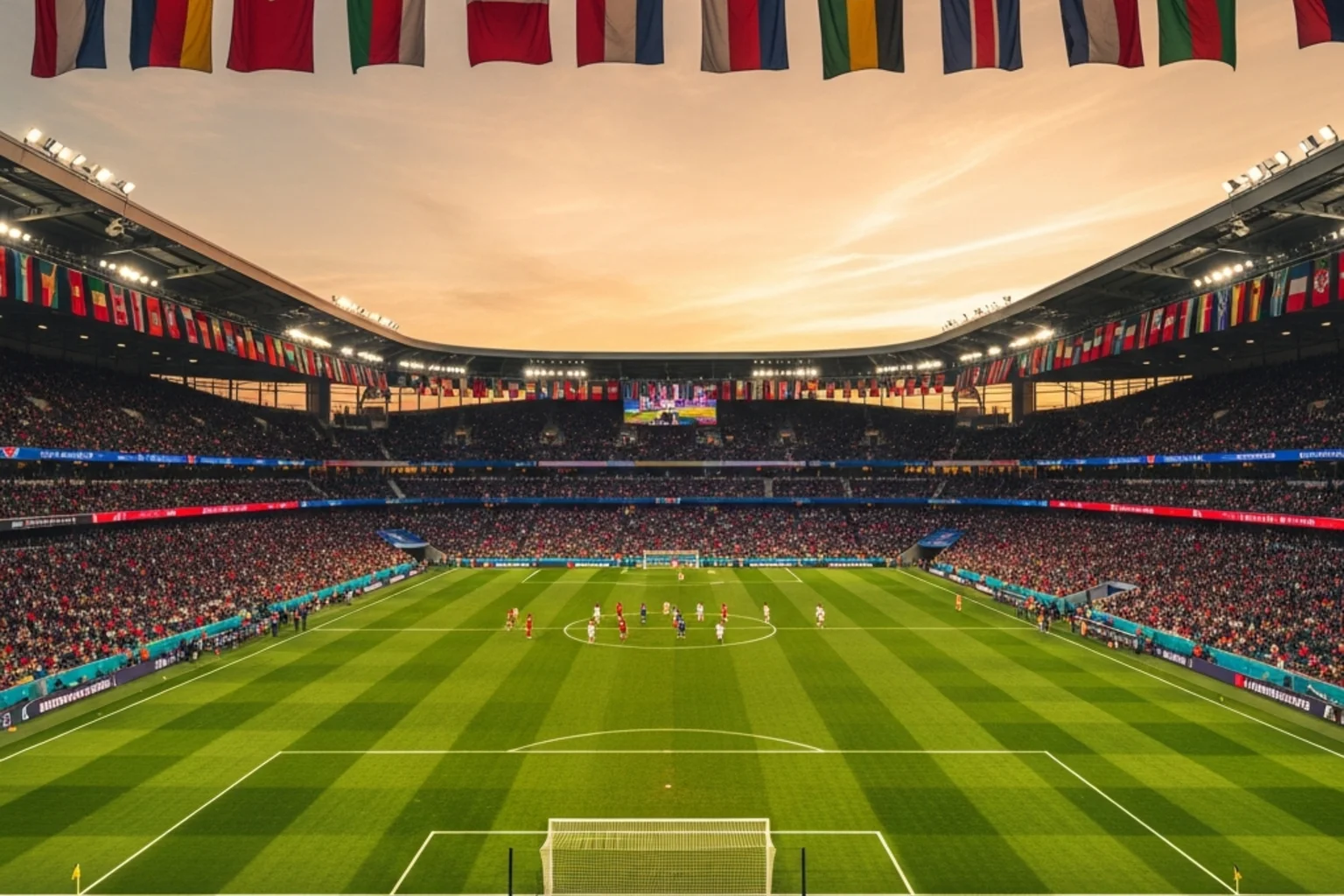 Stade de la Coupe du Monde 2026 avec les drapeaux des 48 nations participantes