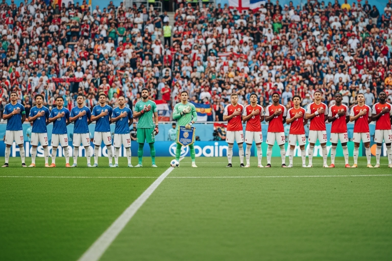 Joueurs de football de différentes équipes nationales alignés avant le coup d'envoi d'un match de phase de groupes